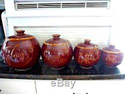 Vintage'hull' Oven Proof 4 Canister Set Brown Drip Flour Sugar Coffee Tea 8pcs