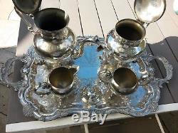 Vtg, Birmingham Co silver On Copper Tea & Coffee Set WithCreamer, Sugar Bowl & Tray