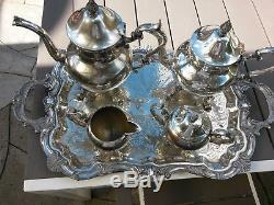 Vtg, Birmingham Co silver On Copper Tea & Coffee Set WithCreamer, Sugar Bowl & Tray
