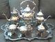 Vtg Birmingham Silver On Copper 7 Pc Coffee & Tea Set With Tilting Kettle On Stand