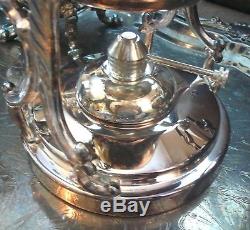 Vtg Birmingham Silver on Copper 7 PC Coffee & Tea Set with Tilting Kettle on Stand