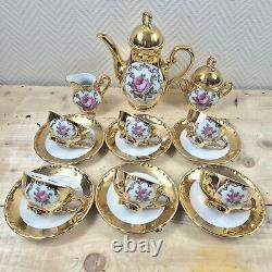 Vtg. Coffee Set Tea Service 24k Gold With Rose Floral BAVARIA Schumann Arzbach