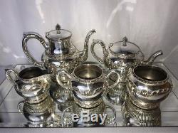 Vtg GORHAM Daffodil Silver Coffee Tea Set 5pc Creamer Sugar Waste Bowl Victorian