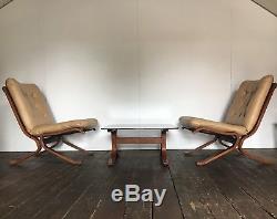 Vtg Mid Century Leather Set Of 2 Chairs Armchairs & Coffee Table Danish Design