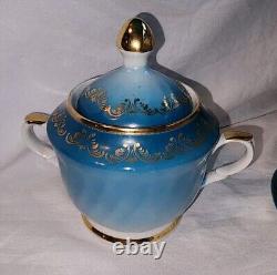 Vtg Soviet USSR Latvia Riga Porcelain Teal Gold Demitasse Tea Coffee Set 15 Pc