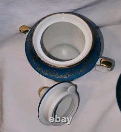 Vtg Soviet USSR Latvia Riga Porcelain Teal Gold Demitasse Tea Coffee Set 15 Pc