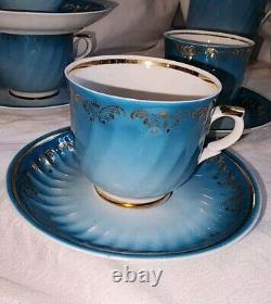 Vtg Soviet USSR Latvia Riga Porcelain Teal Gold Demitasse Tea Coffee Set 15 Pc