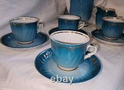 Vtg Soviet USSR Latvia Riga Porcelain Teal Gold Demitasse Tea Coffee Set 15 Pc