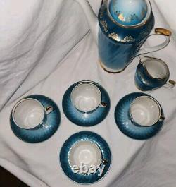 Vtg Soviet USSR Latvia Riga Porcelain Teal Gold Demitasse Tea Coffee Set 15 Pc