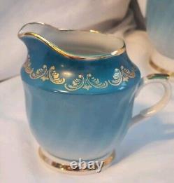 Vtg Soviet USSR Latvia Riga Porcelain Teal Gold Demitasse Tea Coffee Set 15 Pc