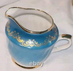 Vtg Soviet USSR Latvia Riga Porcelain Teal Gold Demitasse Tea Coffee Set 15 Pc