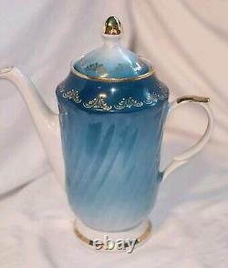 Vtg Soviet USSR Latvia Riga Porcelain Teal Gold Demitasse Tea Coffee Set 15 Pc