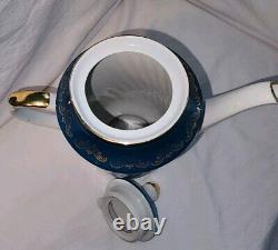 Vtg Soviet USSR Latvia Riga Porcelain Teal Gold Demitasse Tea Coffee Set 15 Pc