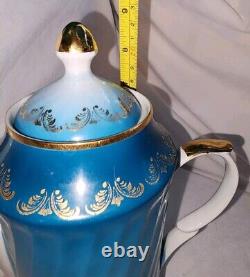 Vtg Soviet USSR Latvia Riga Porcelain Teal Gold Demitasse Tea Coffee Set 15 Pc