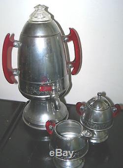 Vtg UNITED Coffee Maker Perculator Set Creamer+Sugar Bowl Red Bakelite Lucite
