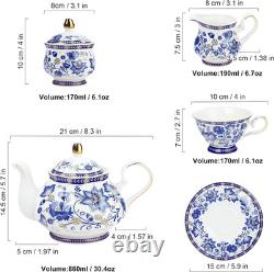 21 pièces ensemble de thé en porcelaine vintage britannique, service à café en céramique bleu floral avec