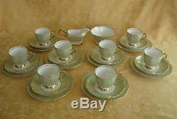 26 Pcs Vintage Plant Tuscan Bone Chine Green & Gold Tea / Coffee Set England 1930s