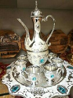 8 Pièces En Laiton Vintage Cuivre Énorme Pot Dallah Plateau Big Service À Café Arabe Islamic