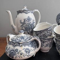 Crown Ducal 'Bristol' Bleu & W Thé/Café Vintage Ironstone Années 1930 8 Duos
