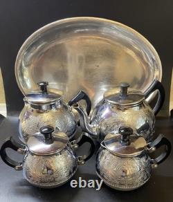 ENSEMBLE DE THÉ/CAFÉ VINTAGE DE 5 PIÈCES: THÉIÈRE, CAFETIÈRE, POT À LAIT, SUCRIER ET PLATEAU URSS