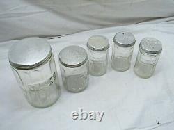 Ensemble 5 Vintage Glass Hoosier Type Jars Shaker Panel Coffee Tea Salt/pepper Spice