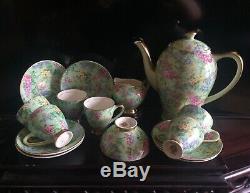 Ensemble À Café Empire Ware Vintage Vintage Chintz Vert Et Or Complet Pour 6. Heure Lilas