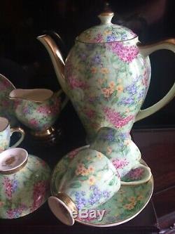 Ensemble À Café Empire Ware Vintage Vintage Chintz Vert Et Or Complet Pour 6. Heure Lilas