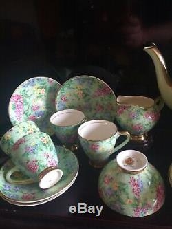 Ensemble À Café Empire Ware Vintage Vintage Chintz Vert Et Or Complet Pour 6. Heure Lilas