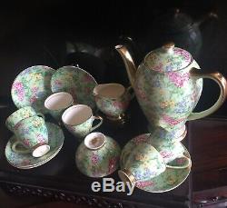 Ensemble À Café Empire Ware Vintage Vintage Chintz Vert Et Or Complet Pour 6. Heure Lilas