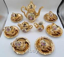 Ensemble à café en porcelaine dorée Vintage Crown Bavaria 15 pièces Scènes romantiques victoriennes