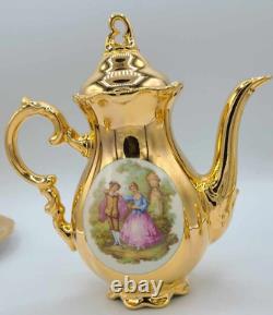 Ensemble à café en porcelaine dorée Vintage Crown Bavaria 15 pièces Scènes romantiques victoriennes