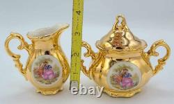 Ensemble à café en porcelaine dorée Vintage Crown Bavaria 15 pièces Scènes romantiques victoriennes