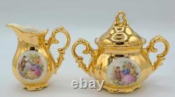 Ensemble à café en porcelaine dorée Vintage Crown Bavaria 15 pièces Scènes romantiques victoriennes