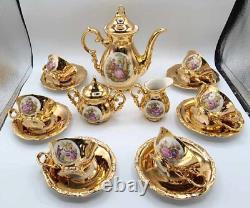 Ensemble à café en porcelaine dorée Vintage Crown Bavaria 15 pièces Scènes romantiques victoriennes