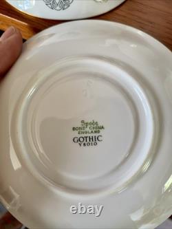 Ensemble à café en porcelaine fine vintage Spode gothique vert et or avec crémier et sucrier