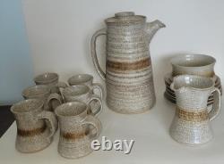 Ensemble à café en poterie vintage rétro des années 1970, 15 pièces, fait main, poterie artistique