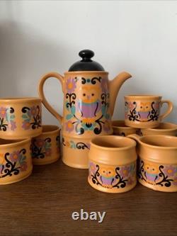 Ensemble à café rare vintage rétro Sadler OWL ART POPULAIRE des années 1970 violet, orange et noir