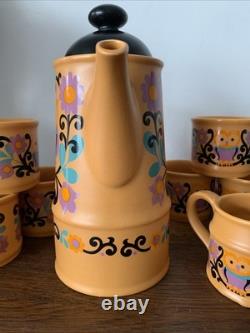 Ensemble à café rare vintage rétro Sadler OWL ART POPULAIRE des années 1970 violet, orange et noir