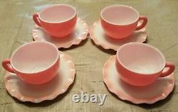 Ensemble café thé en verre de lait à volants rose et blanc Hazel Atlas Vintage 8 pièces