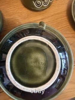 Ensemble café/thé vintage Sylvac émaillé vert avec pot à lait et 4 tasses et soucoupes VGC