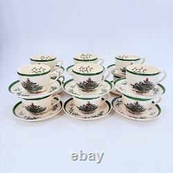 Ensemble de 12 tasses à café et soucoupes en porcelaine Spode Vintage avec motif de sapin de Noël, bord vert, Angleterre
