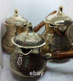 Ensemble de 3 anciennes cafetières turques en cuivre vintage avec poignée en bois