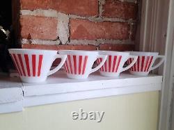 Ensemble de 4 tasses à thé / café en verre de lait à rayures de bonbon rouge et blanc Vintage Hazel Atlas