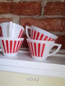 Ensemble de 4 tasses à thé / café en verre de lait à rayures de bonbon rouge et blanc Vintage Hazel Atlas
