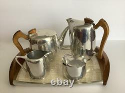 Ensemble de 5 pièces en Picquot Ware vintage : thé, café, plateau + lait et sucre fabriqué en Angleterre