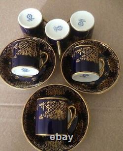 Ensemble de 6 tasses à café et soucoupes Vintage REICHENBACH, demi-tasse, en porcelaine dorée bleu cobalt.