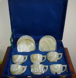 Ensemble de 6 tasses en onyx vert clair fait main vintage avec soucoupes dans une boîte
