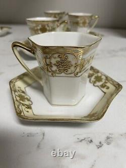 Ensemble de 6 tasses et 6 soucoupes en pot à café/chocolat en or Moriage Noritake vintage