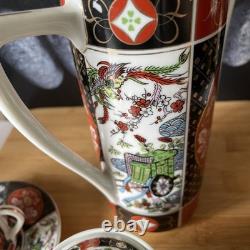 Ensemble de 9 théière, sucrier et crémier en porcelaine japonaise Arita Imari Ware avec paon vintage
