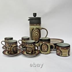 Ensemble de café Briglin vintage, poterie de studio rétro des années 1970, 16 pièces, design enroulé